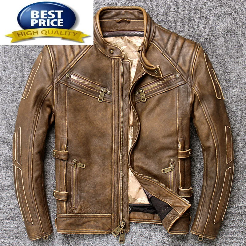 

Real High Quality Leather Jacket Men Motorcycle Cow Leather Vintage Mens Autumn Jackets Men Clothing Chaquetas Hombre 334