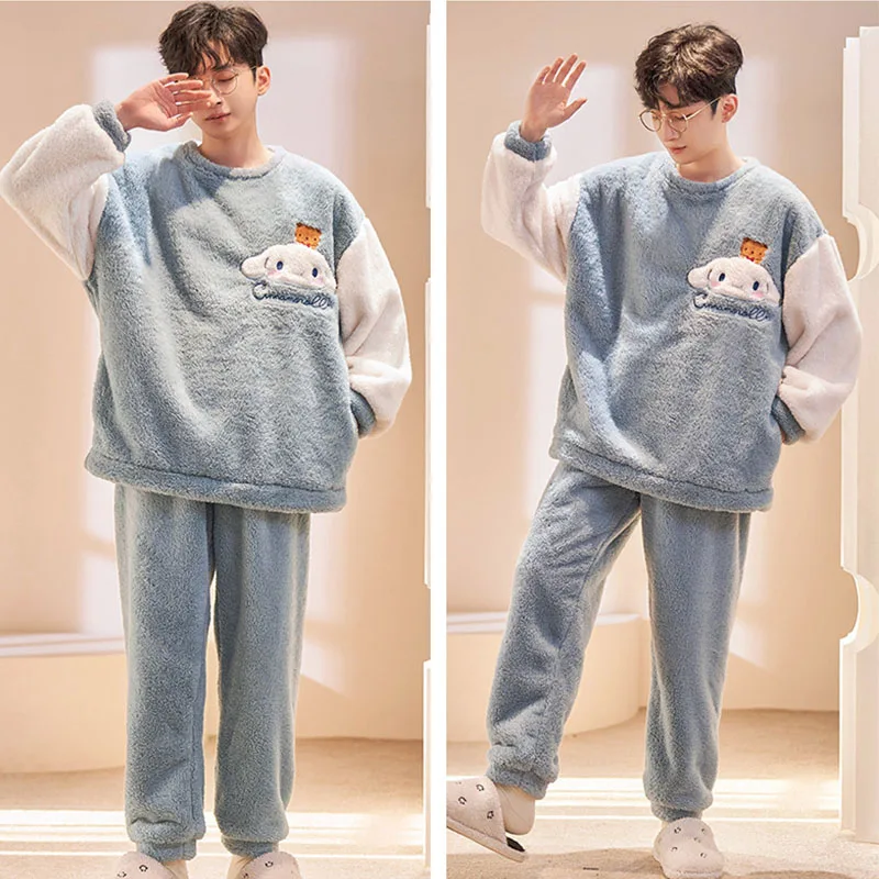 

Kawaii Sanrios Flannel Pajamas Cute Cinnamoroll Plus Velvet Thickened Pullover Nans Home Service Suit Can Be Worn Outside