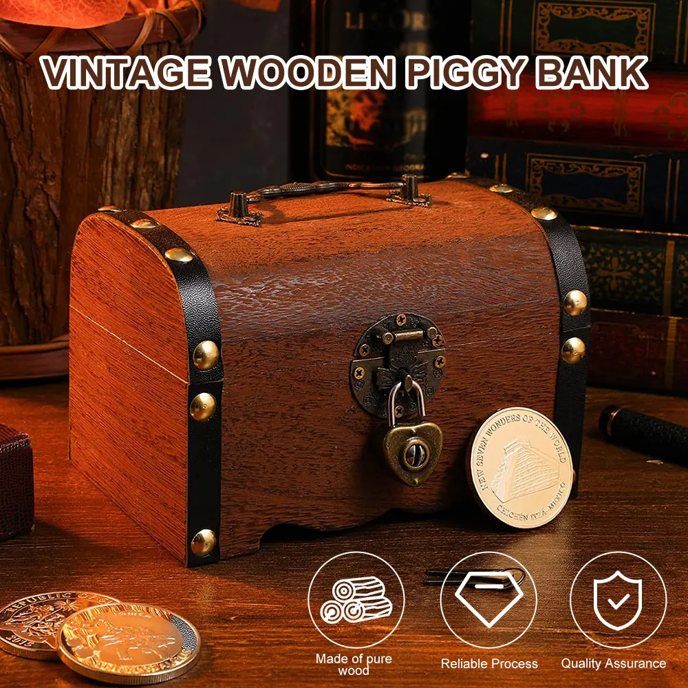 

Vintage Storage Box Piggy Bank Coins Organizer Case Wood Treasure Chest Box Storage Trunk Home Decor With Lock Anniversary Gifts