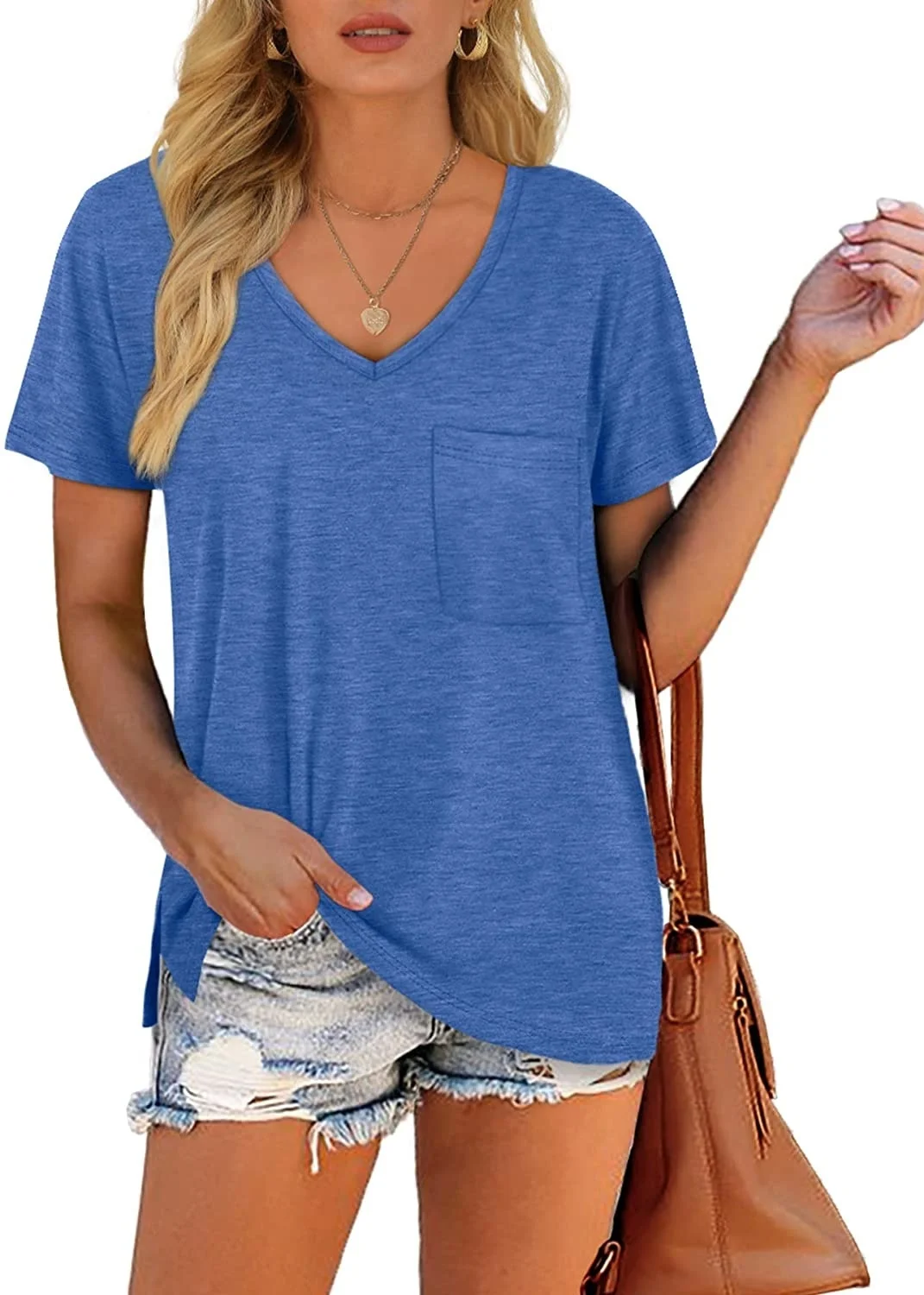 

Dofaoo women's V-neck T-shirt short sleeve side slit pocket summer T-Shirt Top