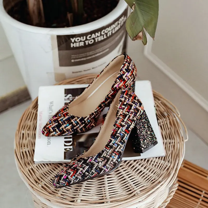 QPLYXCO классические женские туфли-лодочки модные блестящие с блестками на высоком