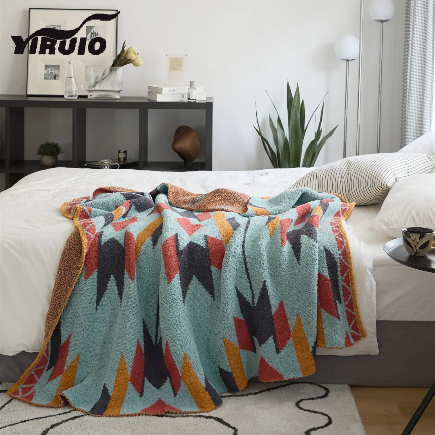 

YIRUIO Exotica Geometric Pattern Furry Blanket Bohemian Decorative Sofa Bed Lesiure TV Nap Blanket Throw Soft Cozy Knit Blankets