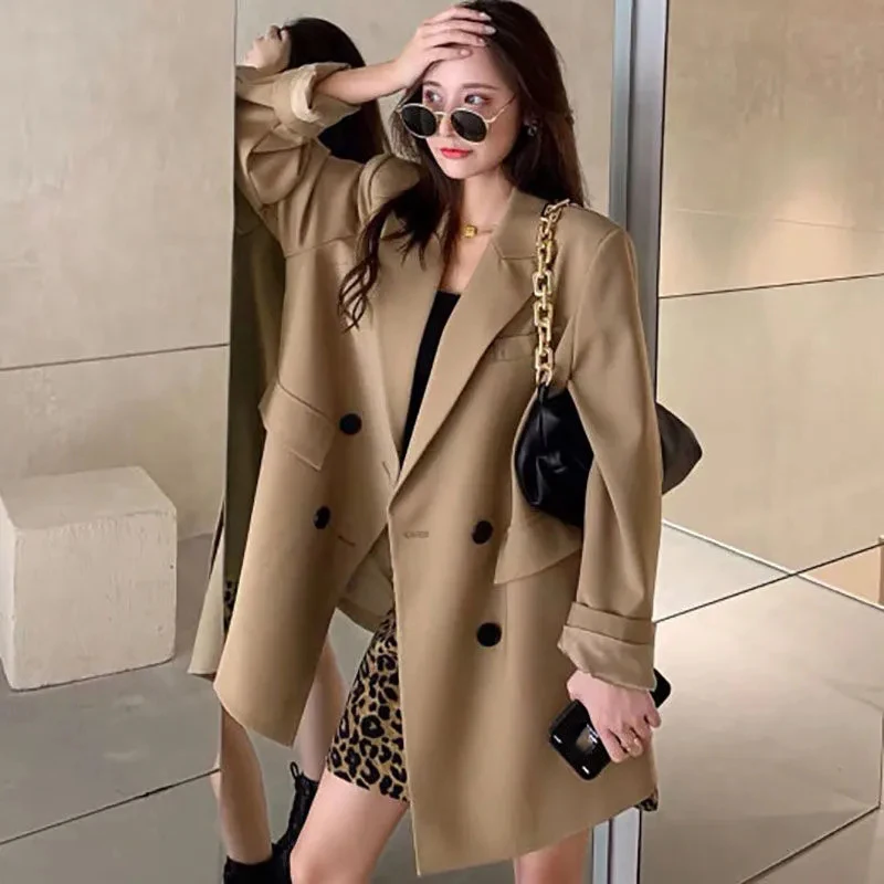 

Khaki Casual Blazer Women 2022 Fashion High Street Double Breasted Blazers Ladies Chic Loose Pockets Office Jackets