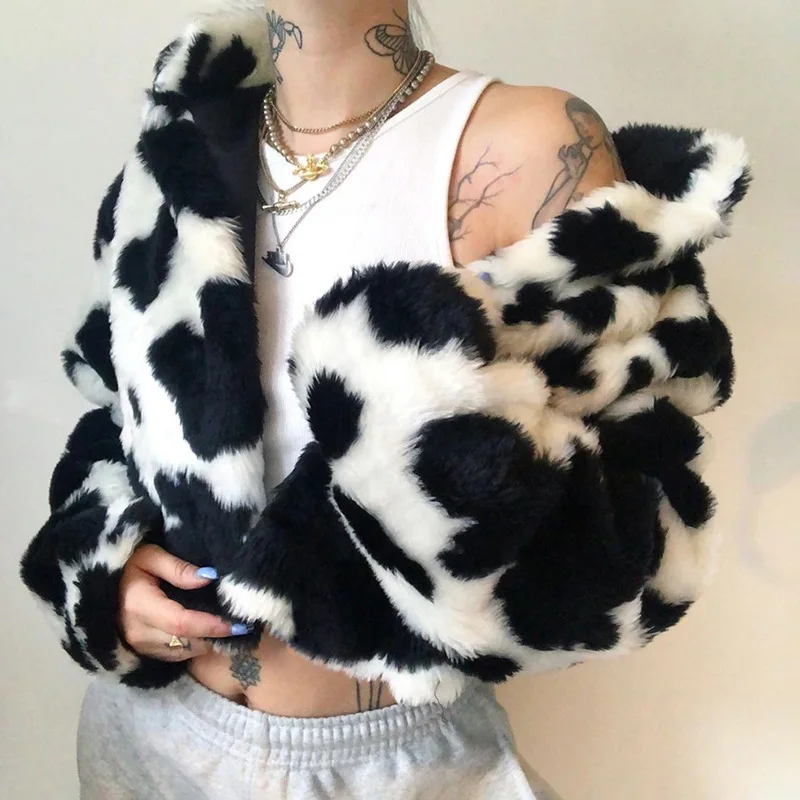 2021 Spring Goth Dark Punk Style Gothic Crop Faux Fur Coats Fashion Warm Streetwear Harajuku Cow Print Long Sleeve Women Jackets