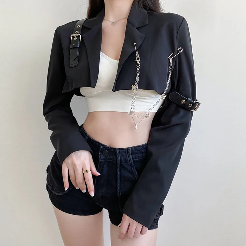 

Spring Womens Blazer Chain Butterfly Harajuku Street Summer Thin Suit Jacket Hip Hop Super Short Sexy Black Crop Top Casual Coat