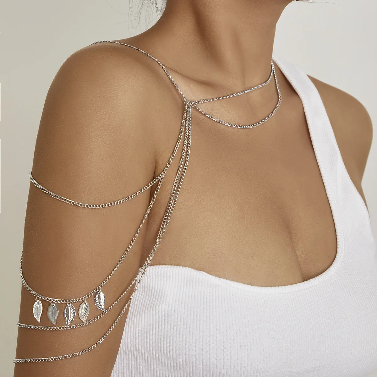 

Multi-layered Fringed Metal Chain Resort Shoulder Necklace Simple Statement Leaf Ethnic Style Body Chain