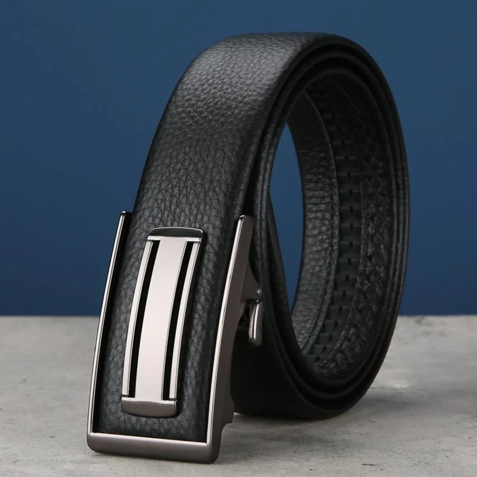 High Quality Cowhide Extended Belt Men And Women Trend New Automatic Buckle Inside Wear Belt Lychee Grain Leather Pants Belt 404