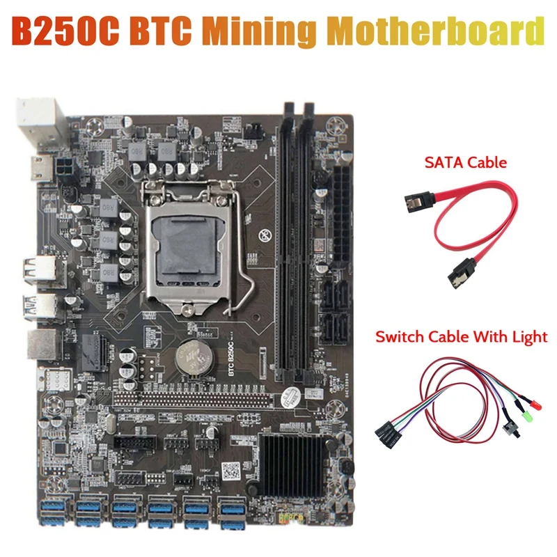 

B250C Miner Motherboard+Switch Cable with Light+SATA Cable 12 PCIE to USB3.0 Graphics Card Slot LGA1151 Support DDR4 RAM