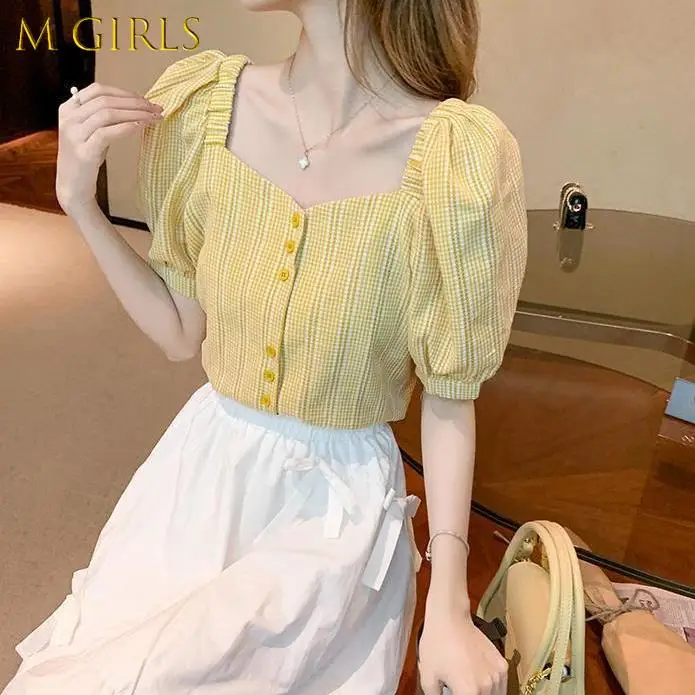 

Shirts Women Square Collar Puff Sleeve Casual Plaid All-match Fashion Student Harajuku Sweet Kawaii Female Tops Korean Version
