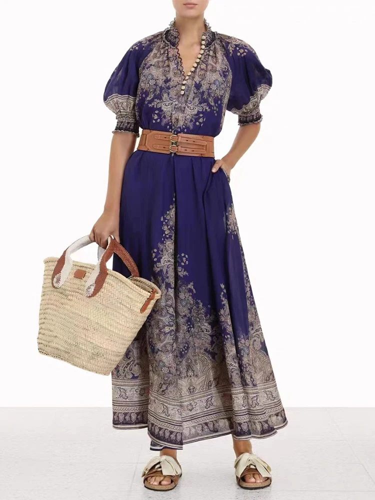 

Роскошные вечерние платья 2022, элегантное ретро платье с рукавом-фонариком и принтом, Женская пышная длинная юбка с поясом, женская одежда