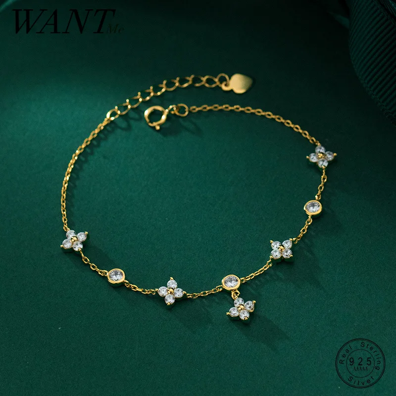 

WANTME 925 Sterling Silver Fashion Charm Four Leaf Flower Chain Bracelet for Women Romantic Floral Fine Jewelry Accessories Gift