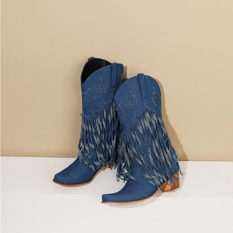 

Осенне-зимние джинсовые ботинки на толстом каблуке, ковбойские рыцарские ботинки средней длины с кисточками, черные, на квадратном и синем каблуке