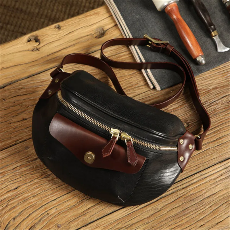 High quality genuine leather men's multifunctional waist pack fashion luxury real cowhide chest bag motorcycle crossbody bag