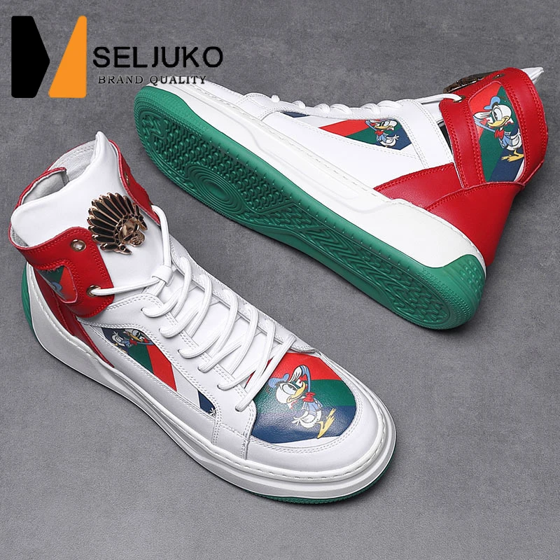 

Осенние красные кожаные ботинки с высоким берцем, Молодежная кожаная обувь с граффити, повседневная спортивная обувь, мужская обувь с увели...