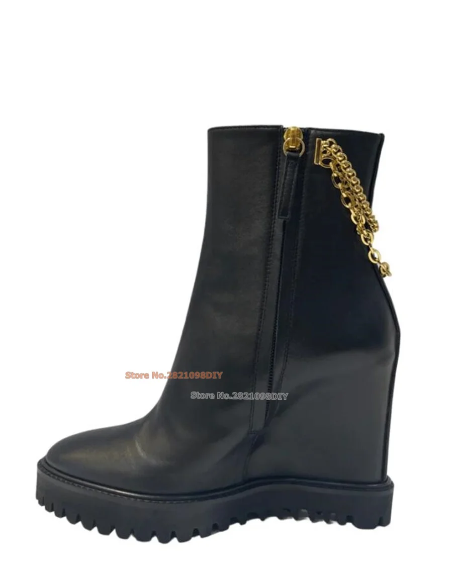 Metal Chains Black Leather Wedge Boots Women High Heel Ankle Boot Height Increased Chunky Heeled Pointed Toe Shoes