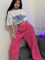 houzhou pink corduroy wide leg pants women korean style summer straight high waist trousers female fashion streetwear aesthetic
