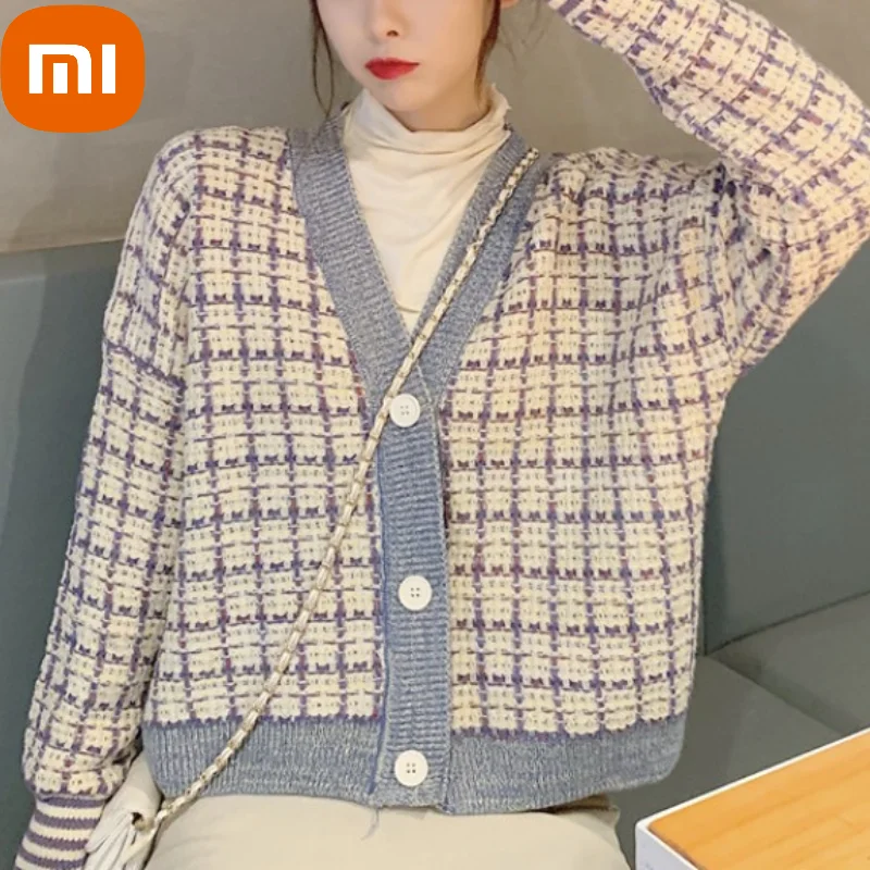 

Xiaomi Autumn Plaid Knitting Sweater Cardigan Women Korean Long Sleeve Sweet Sweater Coat Winter V-Neck Casual Sweater Cardigan