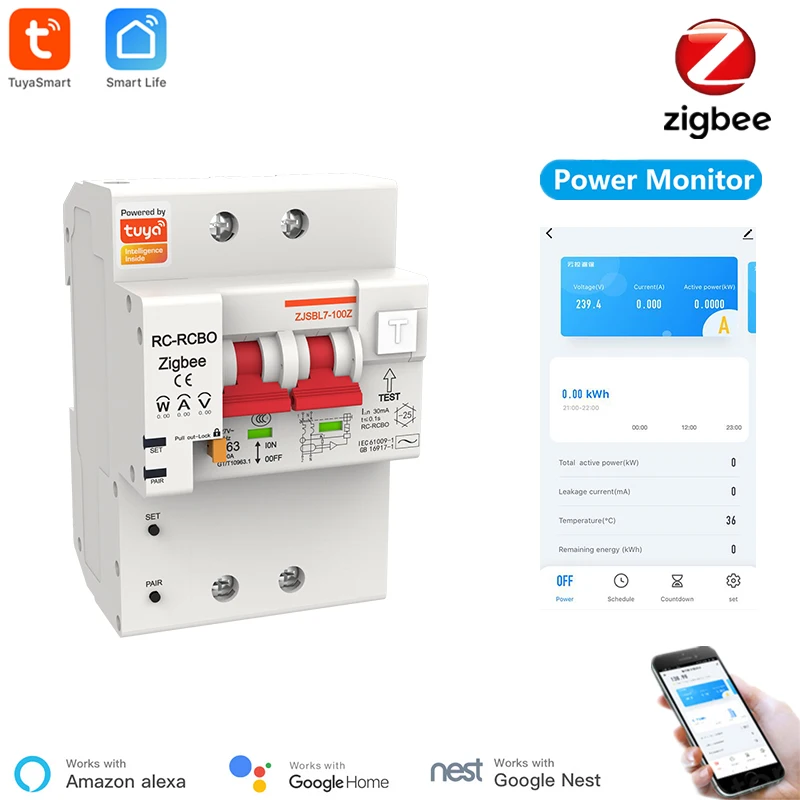 Tuya Zigbee автоматический выключатель 2P переключатель защита от перегрузки короткого замыкания энергопотребление RCBO автоматический выключат... (art.: 3920bca0b74fc) - 3920bca0b74fc