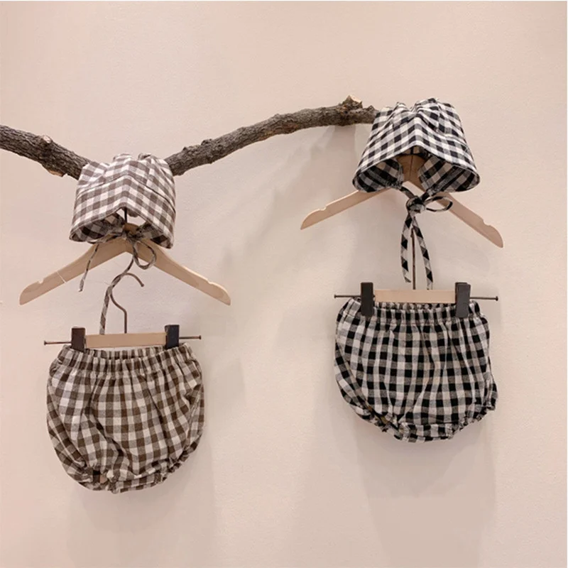 

Summer Boys Shorts Baby Clothes Toddler Bloomers Pants Plaid Cotton Shorts Unisex Bread Pants Hat Kids Photo Props Roupa Bebe