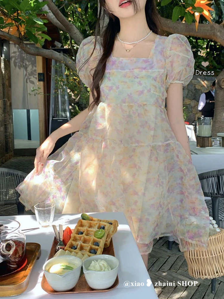 

Puff Sleeve Floral Dress 2022 New Summer Mesh Chic Dress Gentle Lady Style Dress Dresses for Women Plus Size
