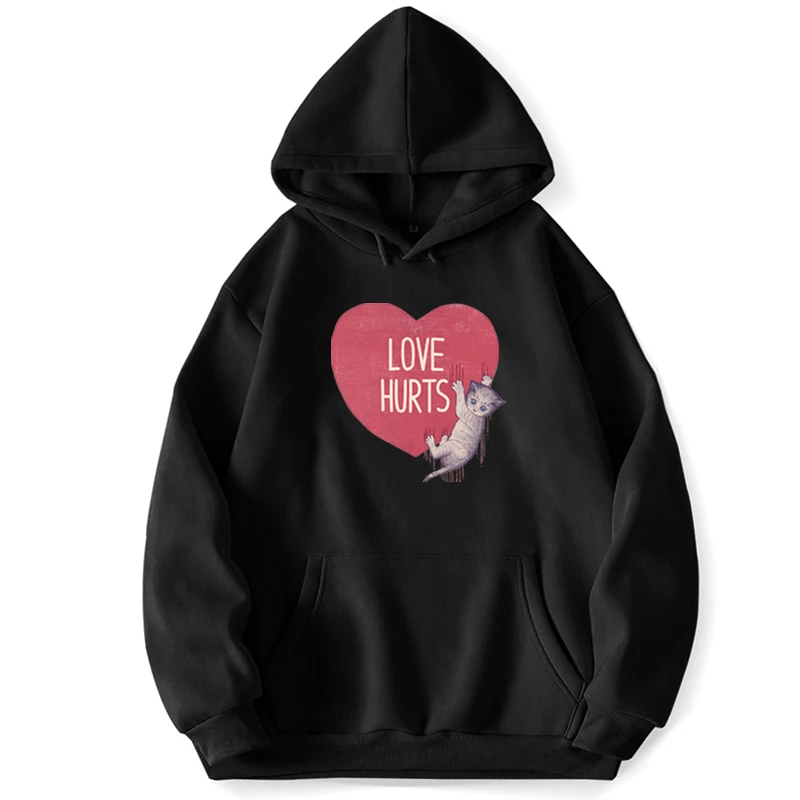 Love Hurts Cat Hooded Sweatshirts Men Pullovers Jumper Hoodies Hoodie Trapstar Pocket Spring Autumn Korean Style Sweatshirt