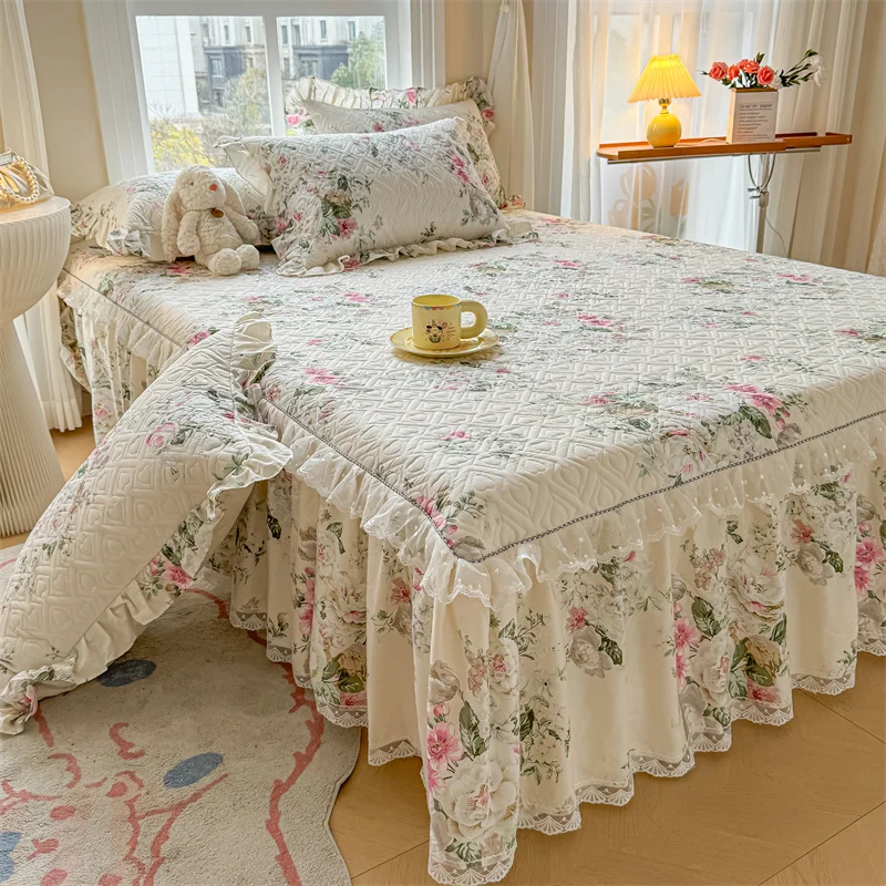 High-End Princess Sle Cotton Printing Clip Bed Skirt Three-Piece Four Seasons Universal Single Bedding
