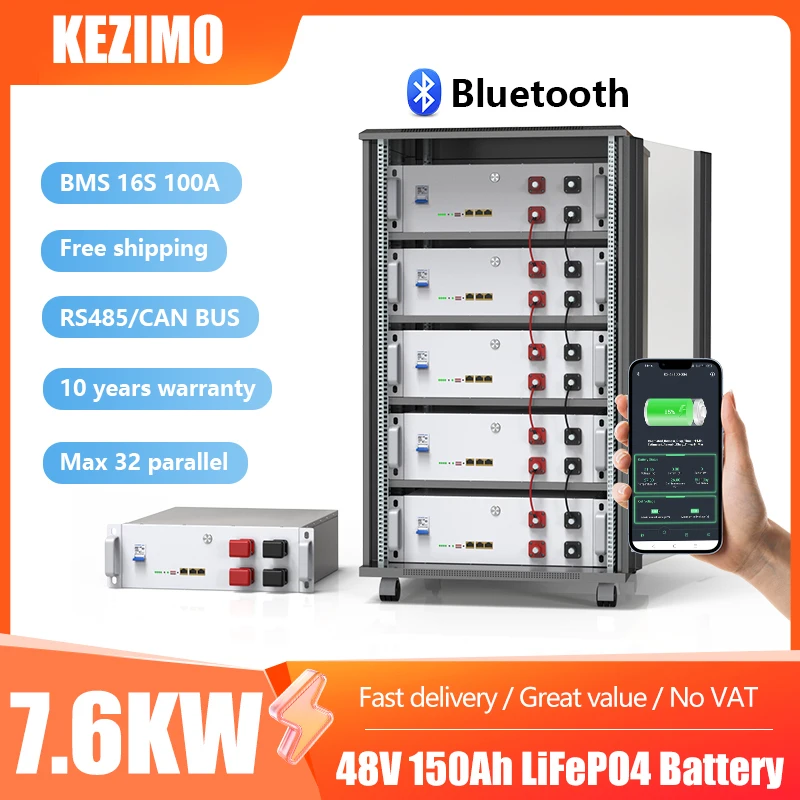 

48V 150AH LiFePO4 Battery Bluetooth 51.2V 7.6KW Lithium Battery 6000+ Cycle 16S 100A BMS RS485/CAN Bus For Solar Inverter NO TAX