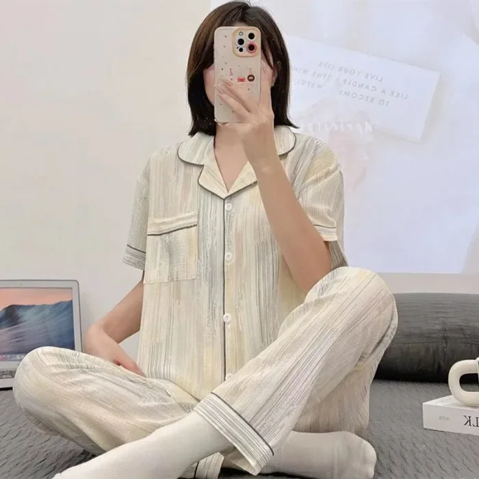 Комплект пижамный женский атласный из 2 предметов хлопковые брюки с коротким