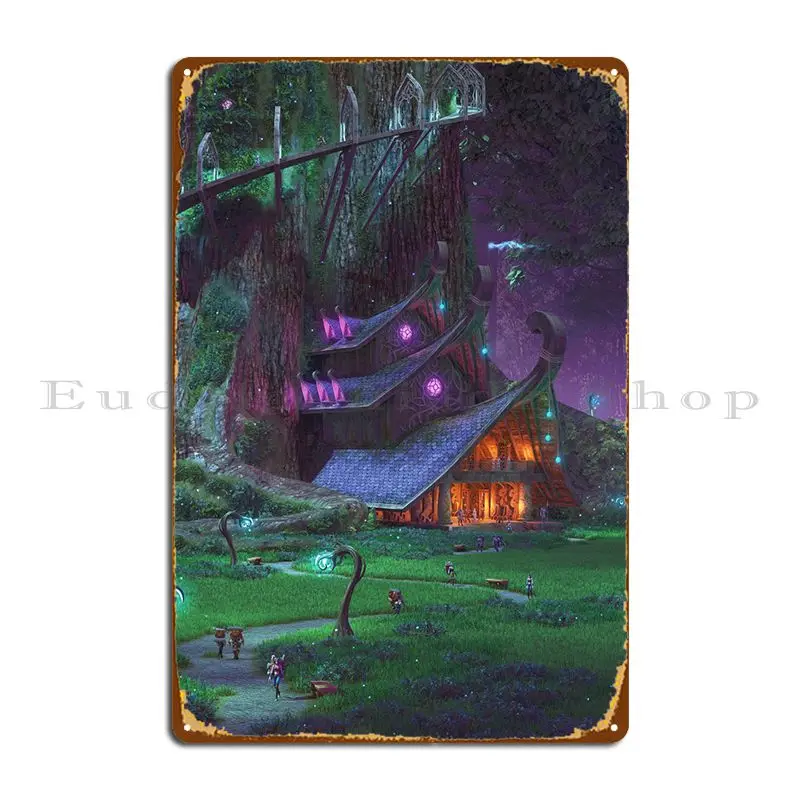Металлический плакат в стиле Elven Town Классический виде барной пещеры оловянный