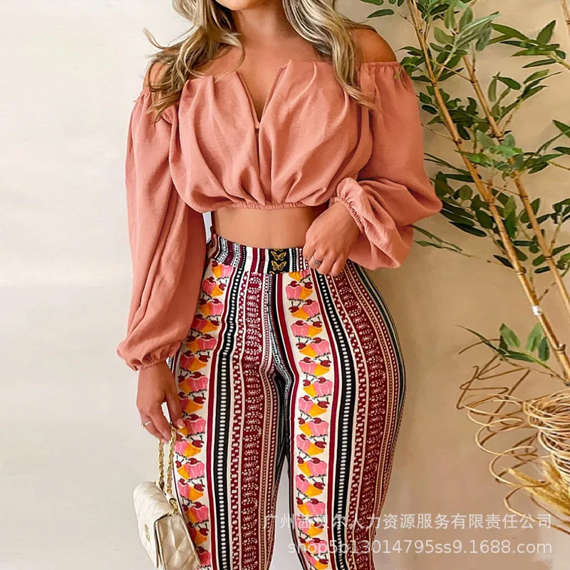 

Off Shoulder Ruched Top & Tribal Print Pants Set Women Summer Spring Strapless Long Sleeve Tops & Long Pants Clothes Suit