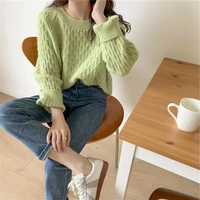 2022 autumn solid color retro long sleeved round neck pullover sweater loose short candy color thick knitted sweater women