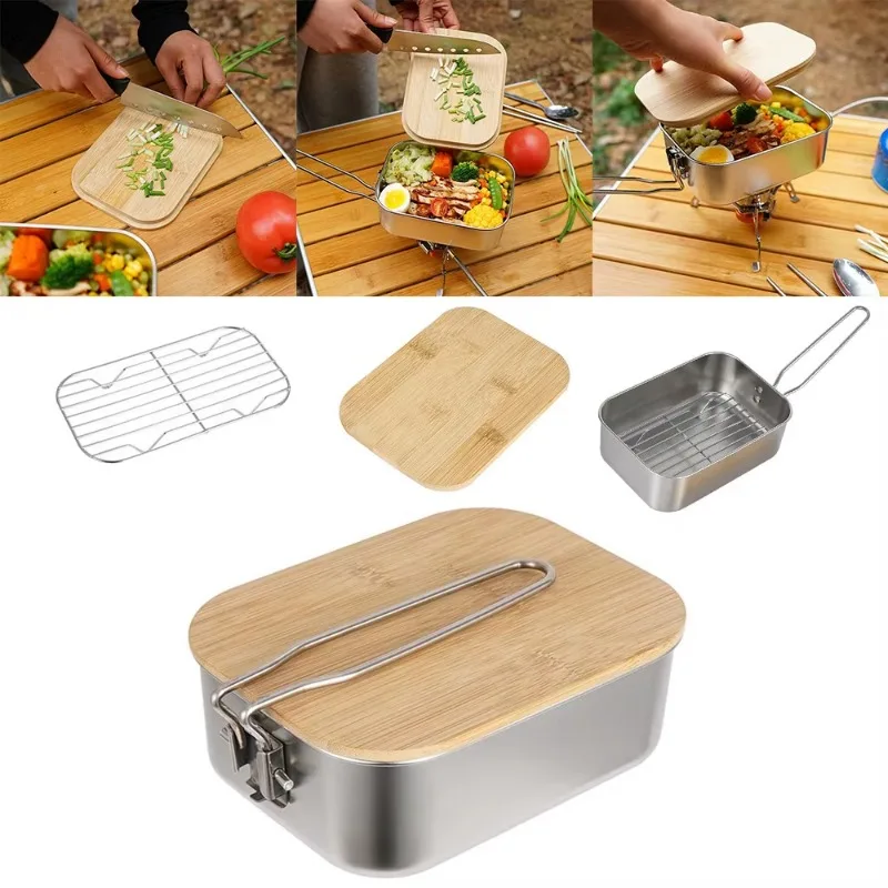 Портативный Ланч-бокс Из Нержавеющей Стали С Деревянной Разделочной Доской