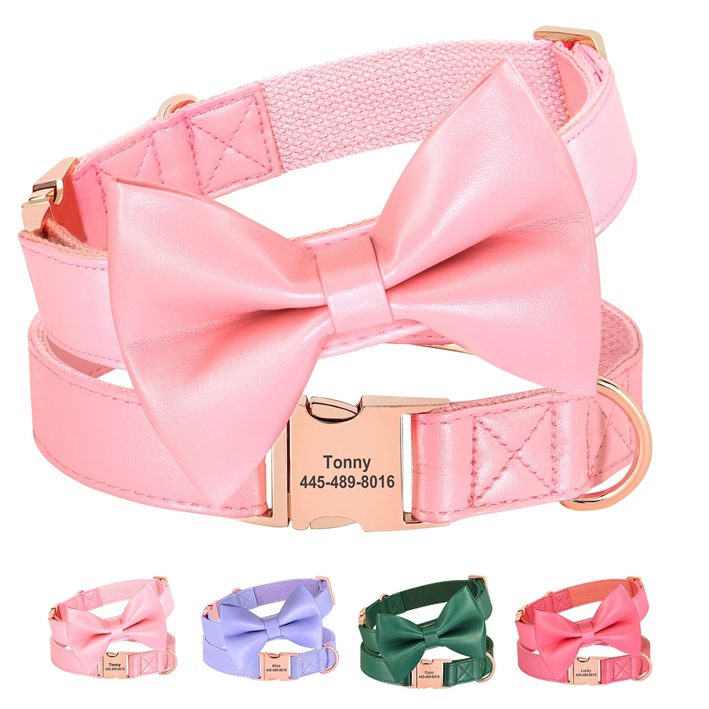 

Customized Leather Dog Collar Macaron Personalized Dog Collars With Cute Bowtie For Small Medium Large Dogs Pitbull Bulldog