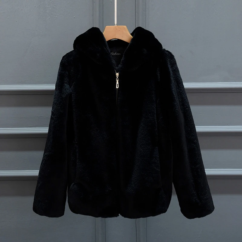 Lady Artificial Fur Hooded Soft White Grey Pink Rabbit Imitation Fur Outcoat Winter Grass Mink Faux Fur2022 Women's Jacket Coat