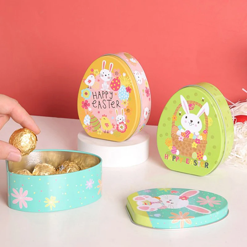 Easter Tin Candy Jar Canning Box Gift Biscuit Storage Tin Lid Egg Rabbit Metal Large Jar Mini Empty Snack Decoration Basket