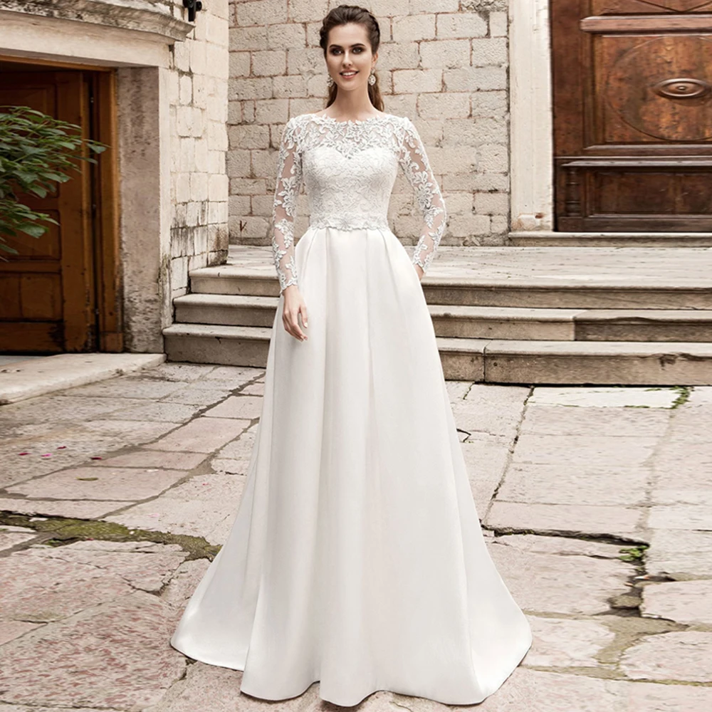 

Элегантные свадебные платья 2022, платье с круглым вырезом, ТРАПЕЦИЕВИДНОЕ кружевное платье с аппликацией и карманами, женское блестящее пла...