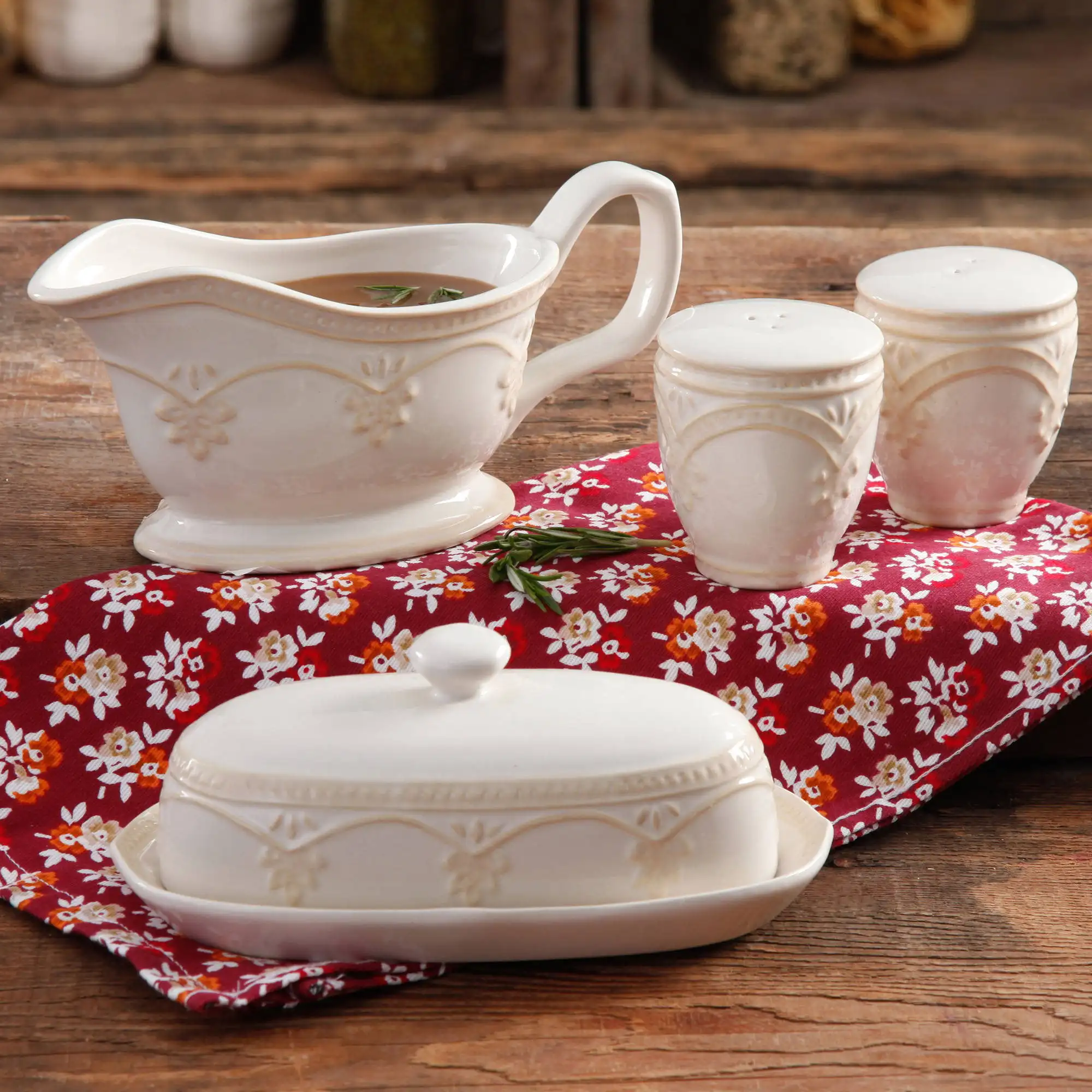 

Farmhouse Lace Butter Dish with Gravy Boat and Salt & Pepper Shakers