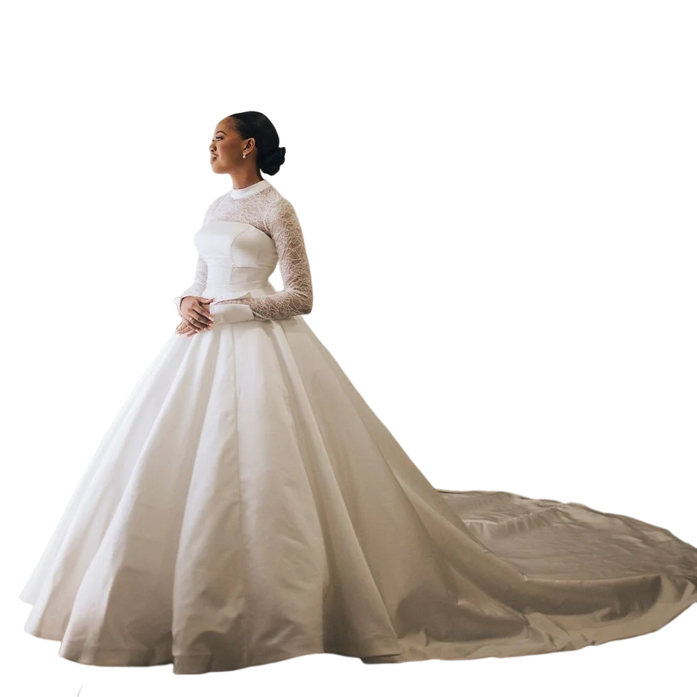 

Princess Ball Gown Lace Muslim Wedding Dresses Chapel Train High Collar Satin Country Robe de Mariee Bridal Gowns with Buttons