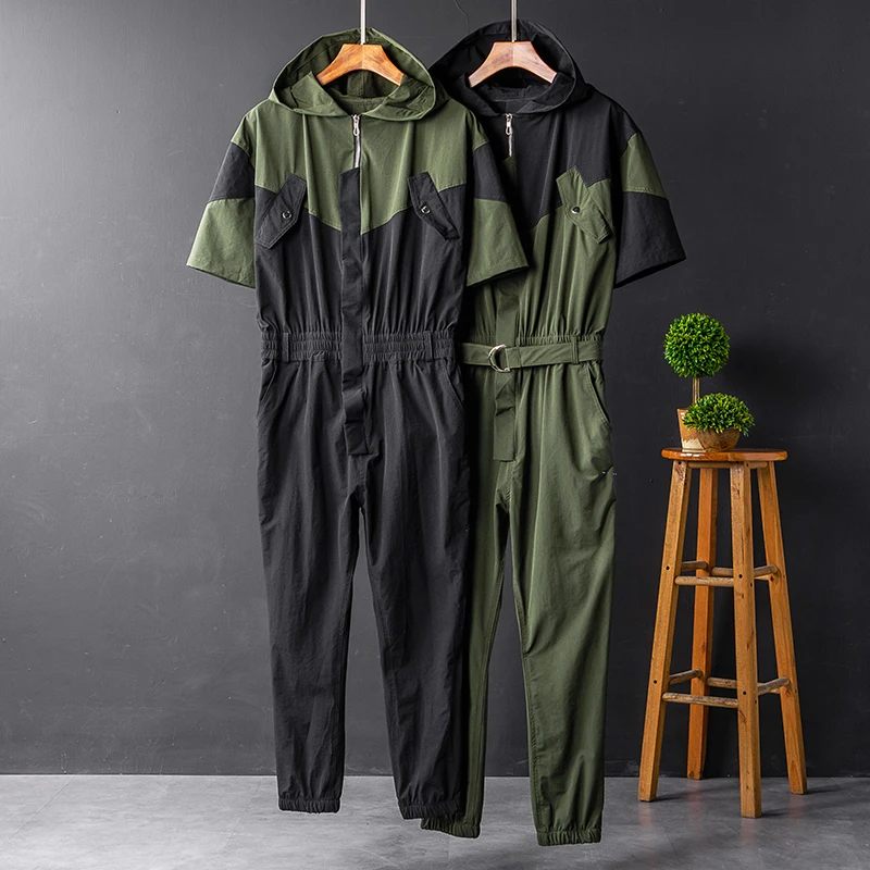 

Men Streetwear Belt Pockets Jumpsuit Short Sleeve Hooded Jacket Pants Couple Clothes Mens Womens Bib Coveralls Working Overalls