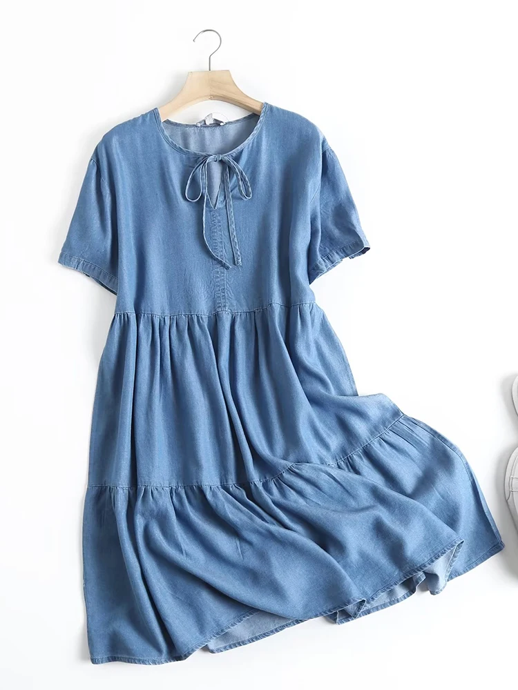 

New Fashion Women Lace Up O Neck Short Sleeve Casual Loose Denim Dress Summer Vestido