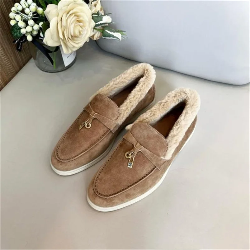 Women's High-Quality Wool Warm Loafers Thickened Winter Loafers Women's Casual Walking Shoes Fashionable Flat Boots Size 34-46