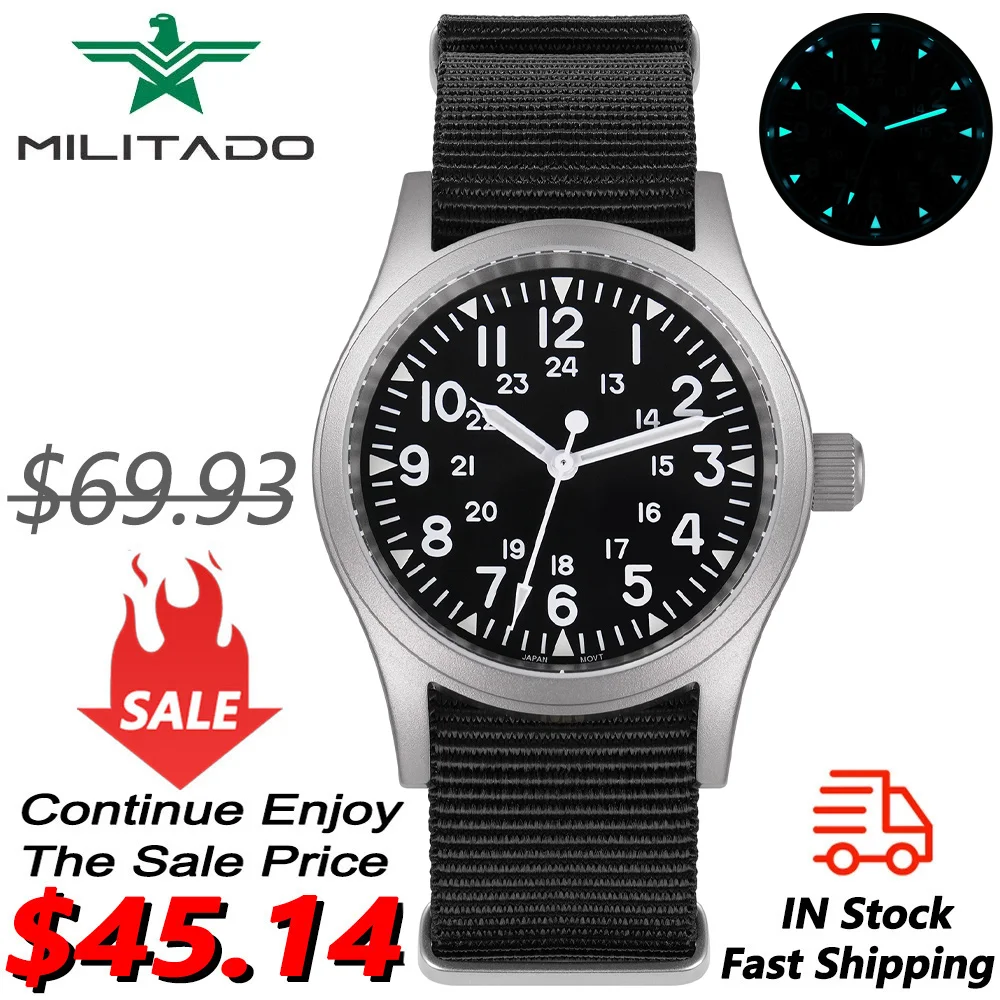 Фото Militado ML05 Военные часы VH31 с куполообразным механизмом и сапфировым стеклом, наручные часы с высоким прозрачным AR-покрытием, 38 мм, винтажные часы №1