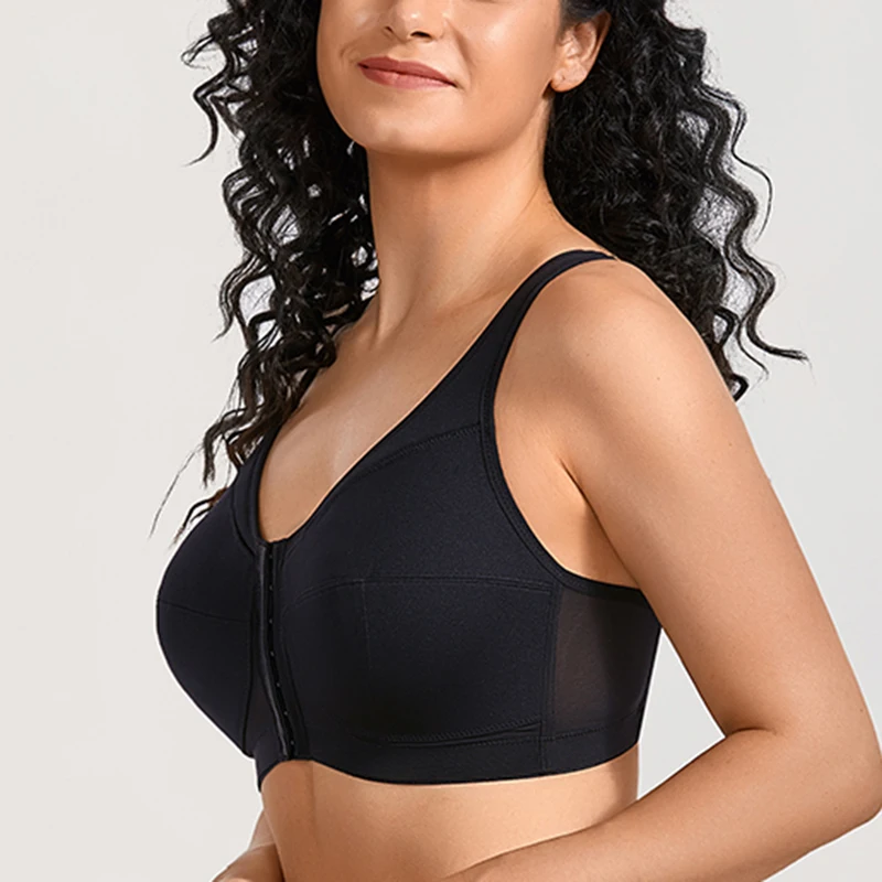 Womens Wire Free Front Closure Bra Full Figure Cotton Posture Back Support Underwear Female Full Coverage Non Padded 36 38 F G H