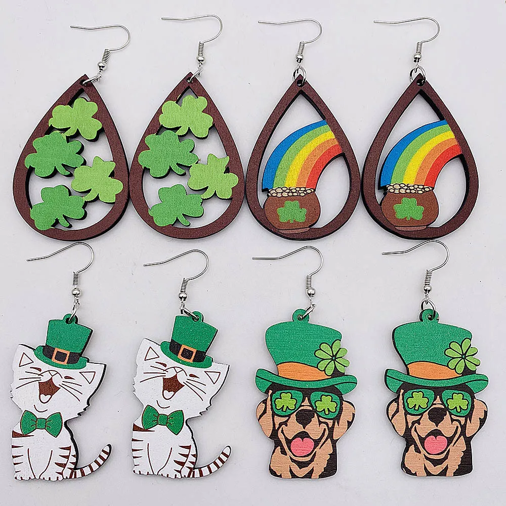 

St Patricks Day Wooden Earrings for Women Rainbow Green Dog Cat Pendant Earrings Fashion Jewelry Party Gift