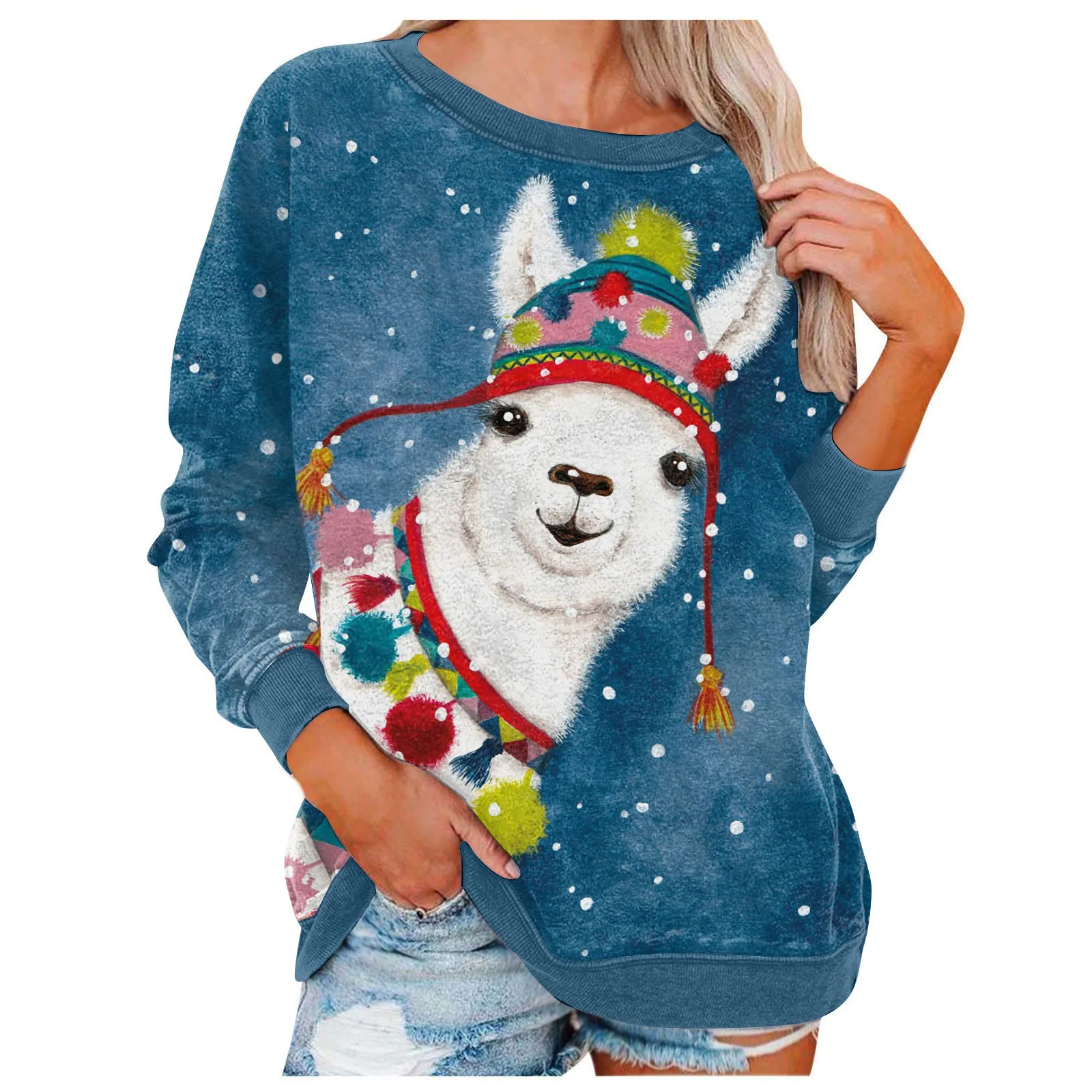 

Женский пуловер с длинным рукавом и круглым вырезом