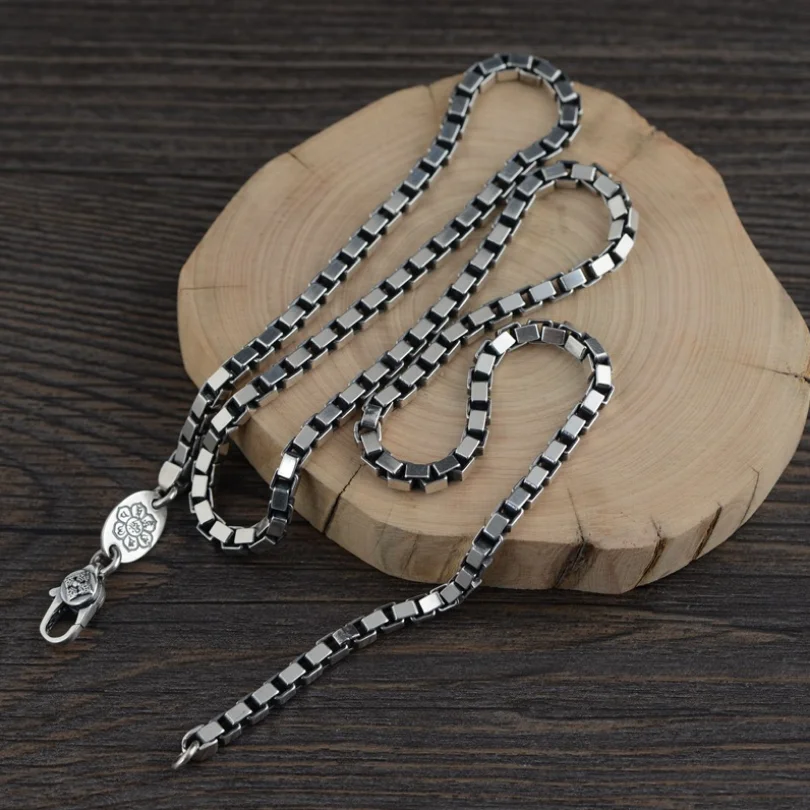 

Real Silver Box Necklace 925 Sterling Silver Men Necklace S925 Pure Silver 3.5mm Square Chain Necklace male
