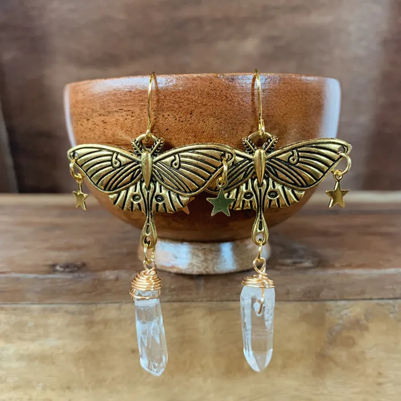 

Gothic Gold Charm Moth Earrings, Celestial Halo Quartz Crystal Pendant Earrings, Bohemian Style Jewelry Gifts