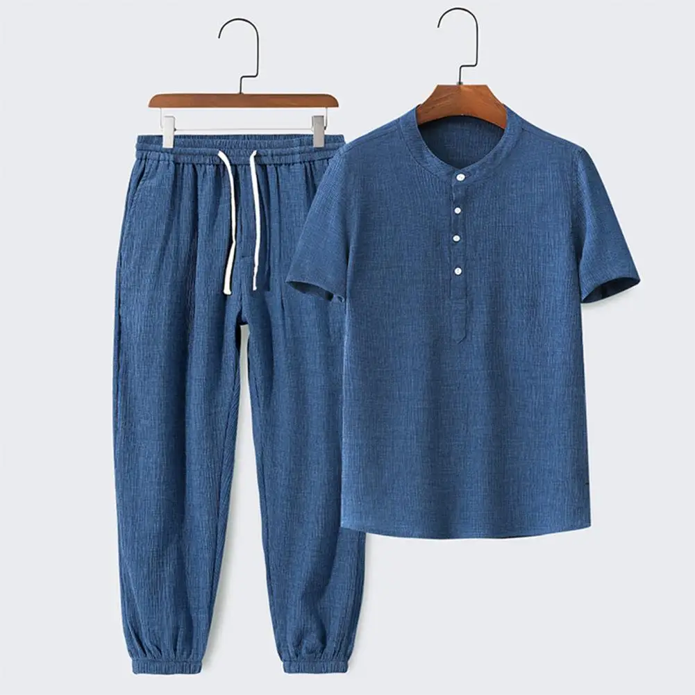 Trendy Men Top Pants Solid Color Summer Crew Neck Top Ankle Tied  Trousers  T-shirt Pants    Top Trousers 1 Set