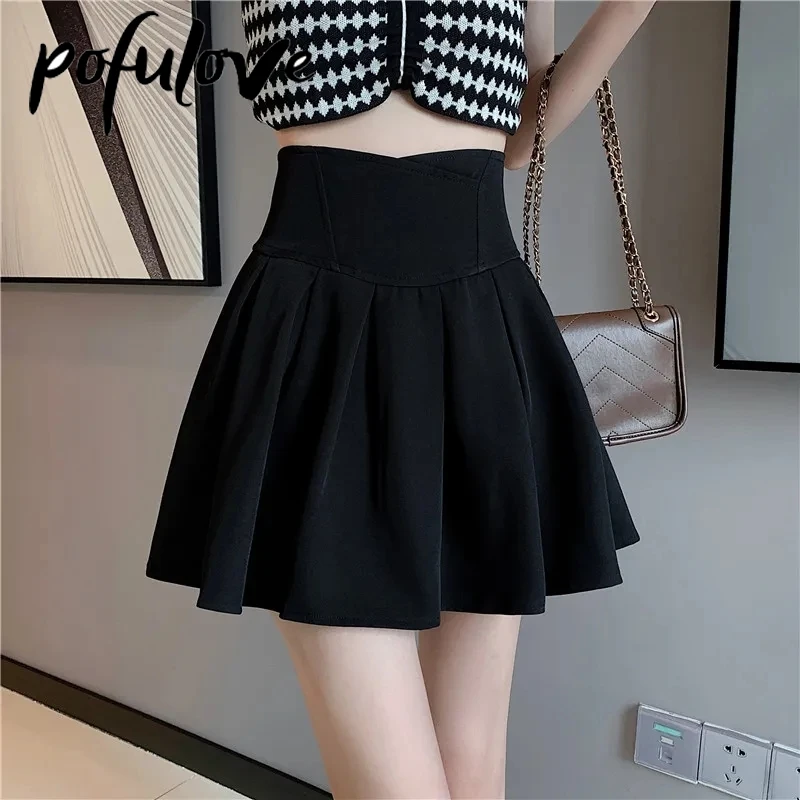 

Black Pleated Skirt Women's Short Tutu Skirt High Waist A-line Umbrella Skirts Solid Color Goth Kawaii Mini Skirts Summer