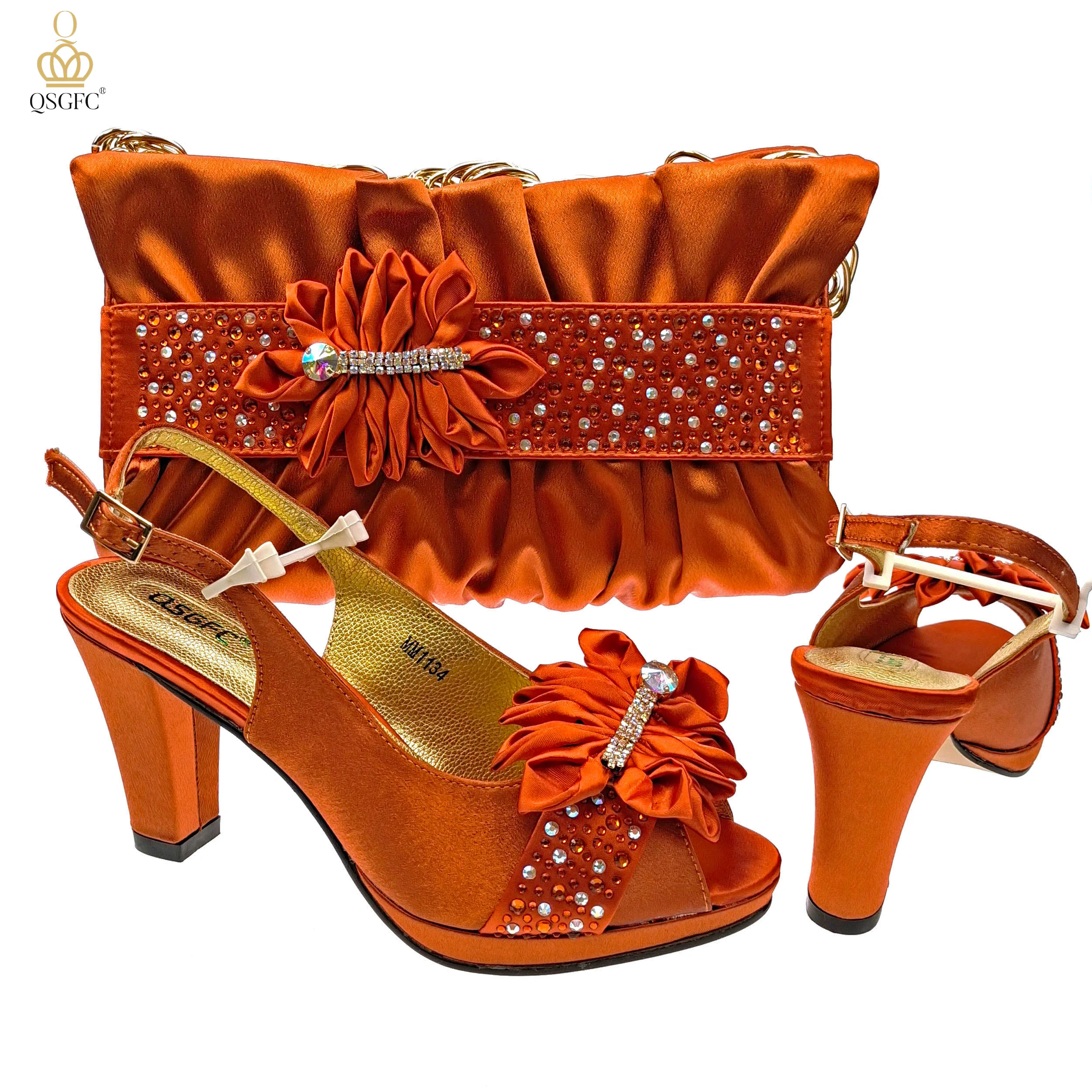 

QSGFC Latest Orange Color Silk Satin High Heels Flower Decoration Elegant Fashion Party Ladies Shoe And Bag Set
